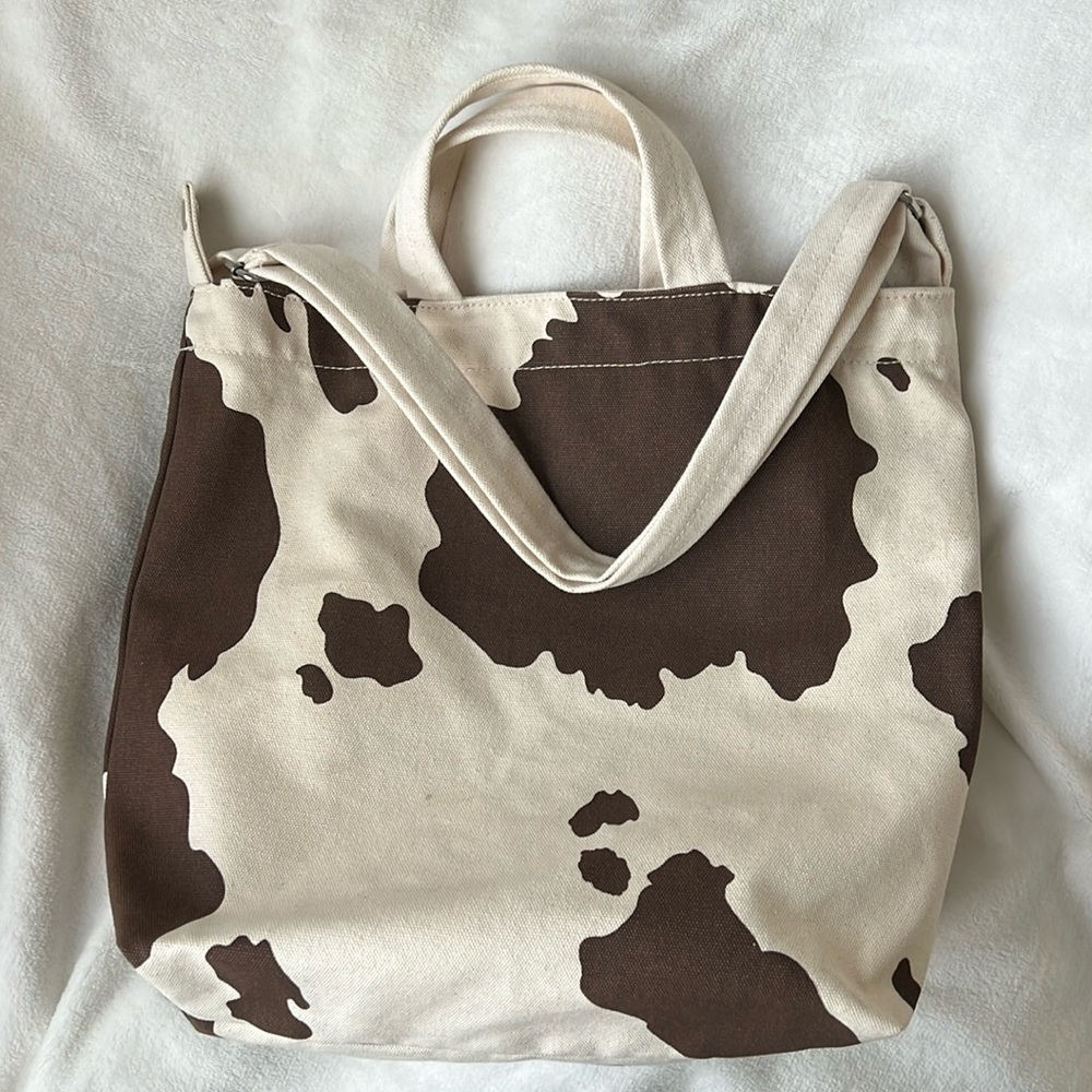 Baggu canvas duck tote bag brown cow print